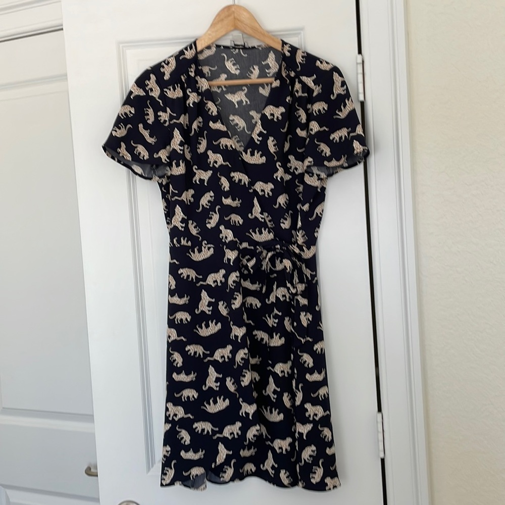 J. Crew Factory Navy Wrap Dress with Cream Animal Print